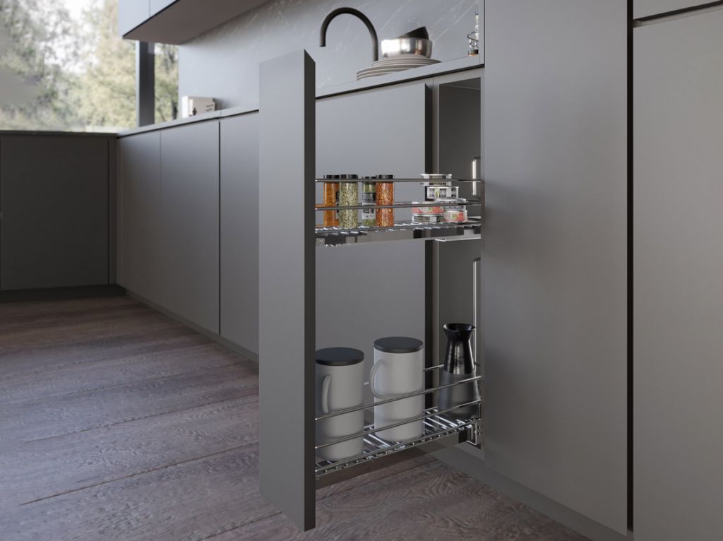 Карго фасад 150 боковое левое крепление с отталкивателем INOXA Unica 10L12/15 хром (2 полки), направляющие Salice