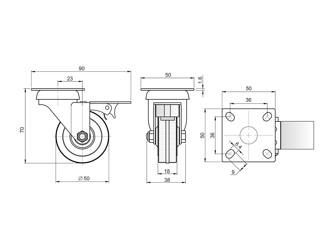 Ролик с площадкой резиновый и тормозом GIFF Industry d=50 серый