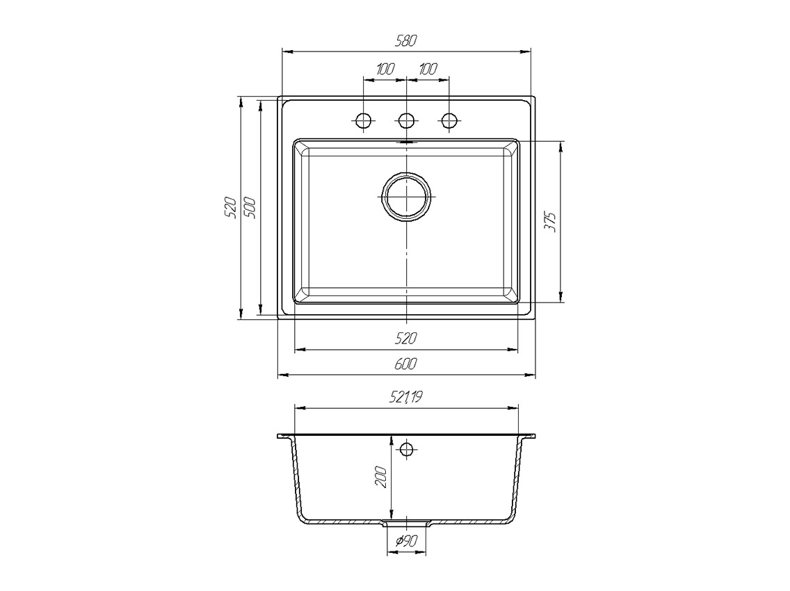 Мийка штучний камінь Solid ГРОСС 600х520 граніт (без отвору під змішувач)
