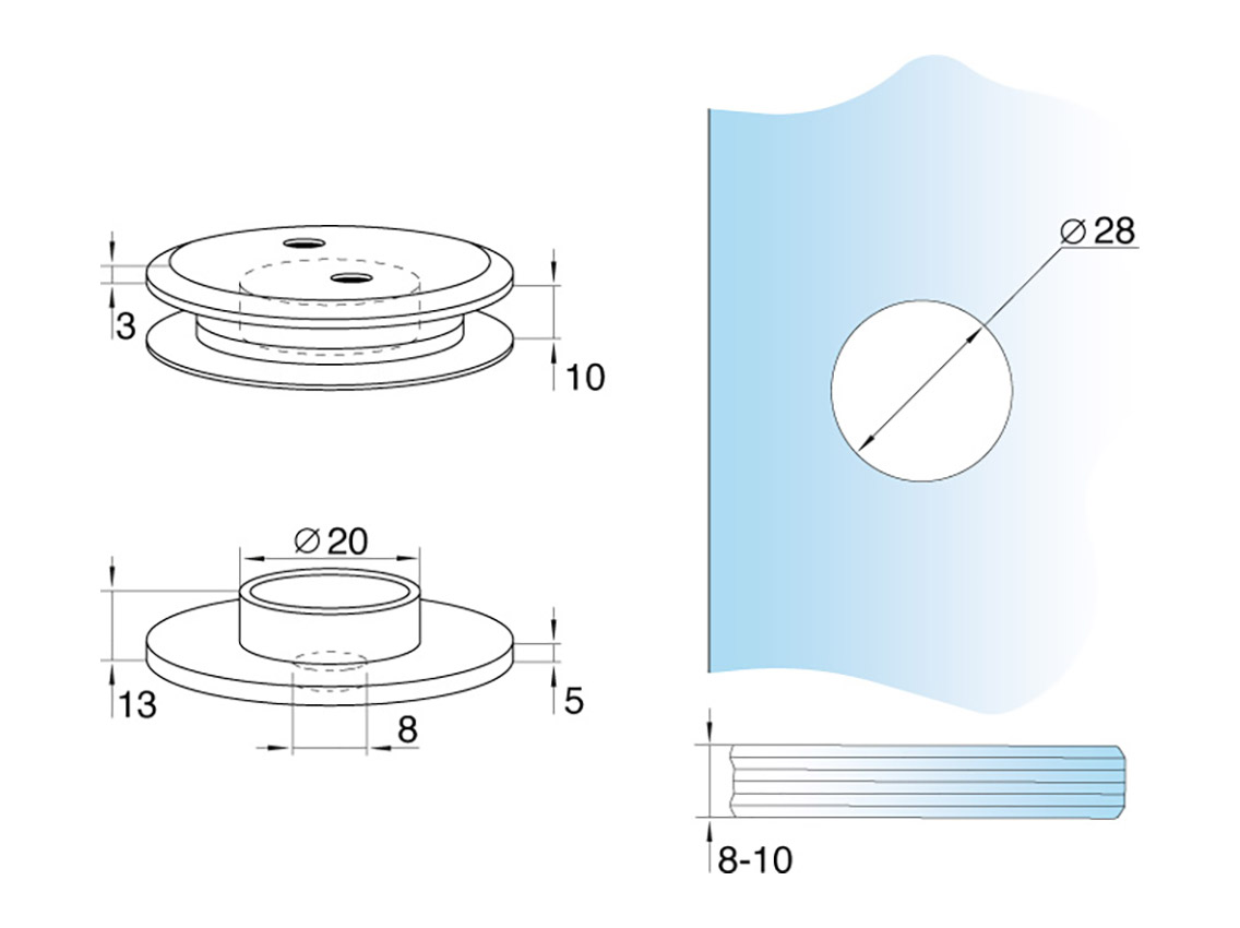 Точечный крепеж для стеклянных ограждений без зенковки (отступ 6 мм), нерж.сталь, матовый