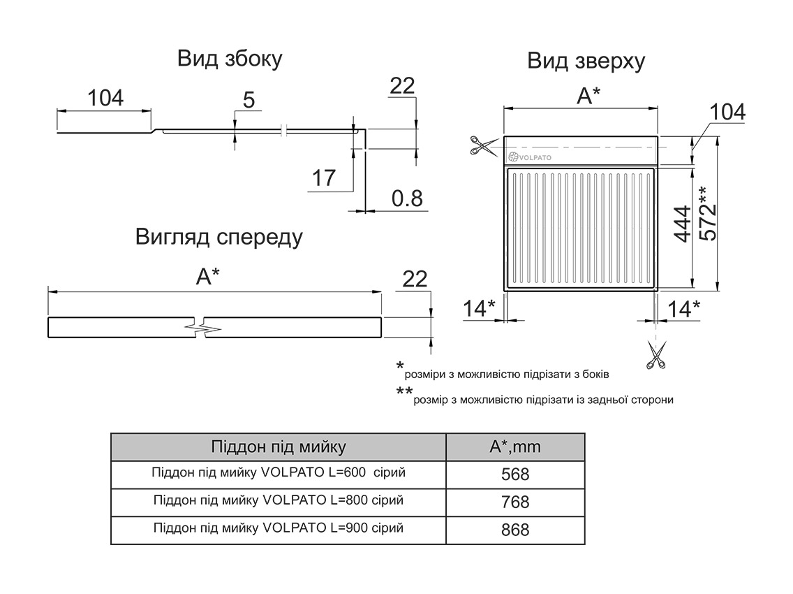 Піддон під мийку Volpato L=800 сірий