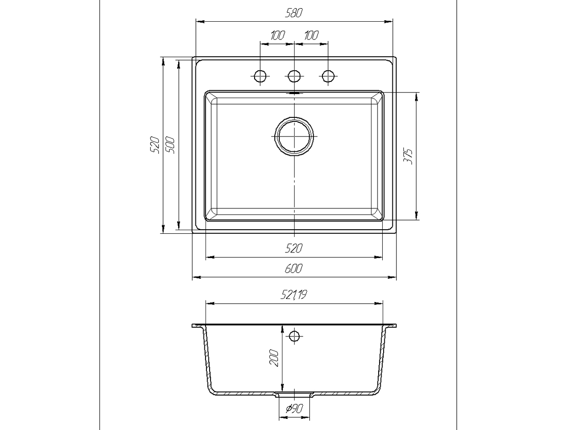 Мийка штучний камінь Solid Гросс 600х520 чорний граніт (без отвору під змішувач)