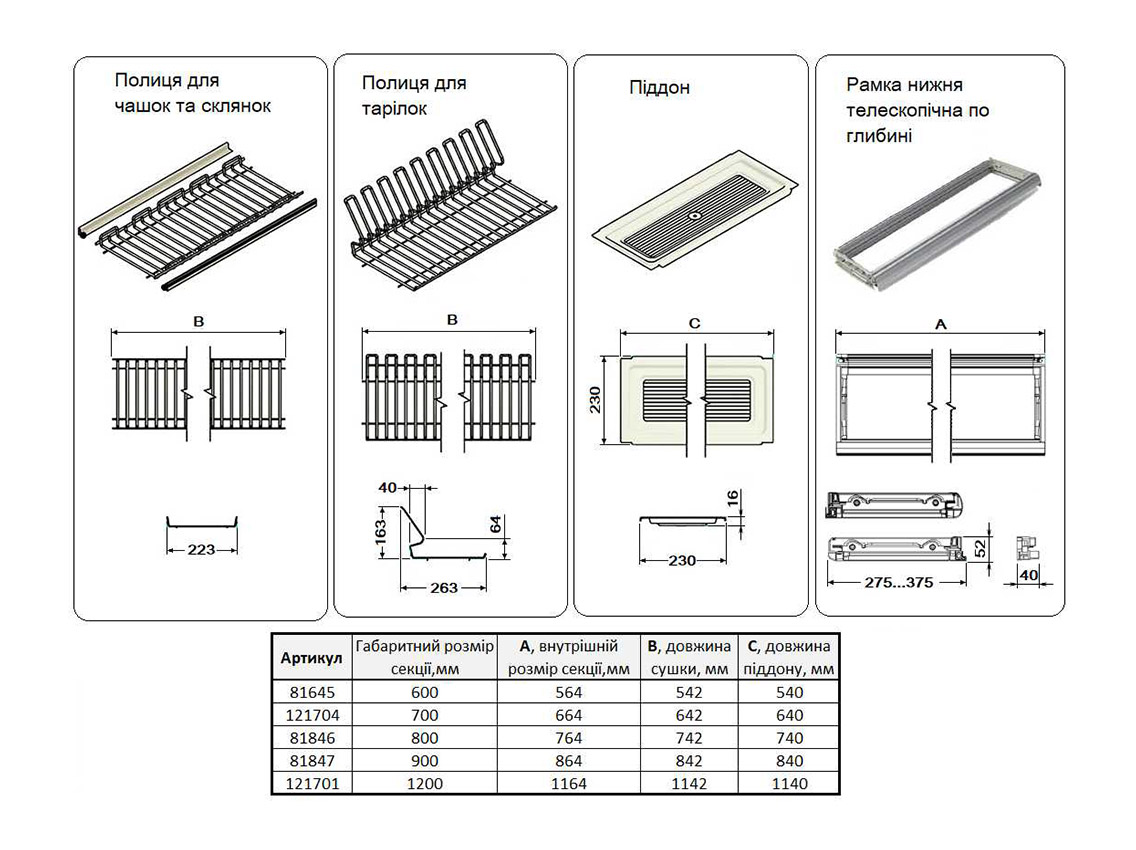 Сушка для посуду фасад 600 з алюмінієвою рамкою Inoxa Ellite 716 титан (2 полиці, піддон пластик титан)