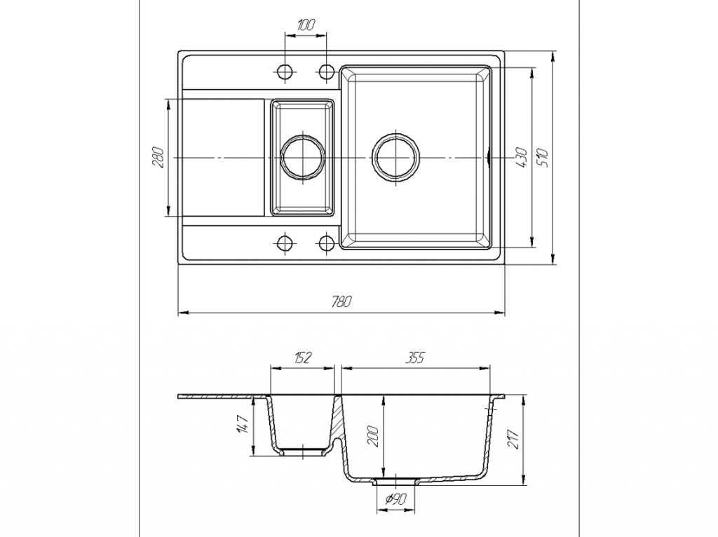 Мойка искусственный камень Solid ПРАКТИК 780х510 гранит (без отверстия под смеситель)