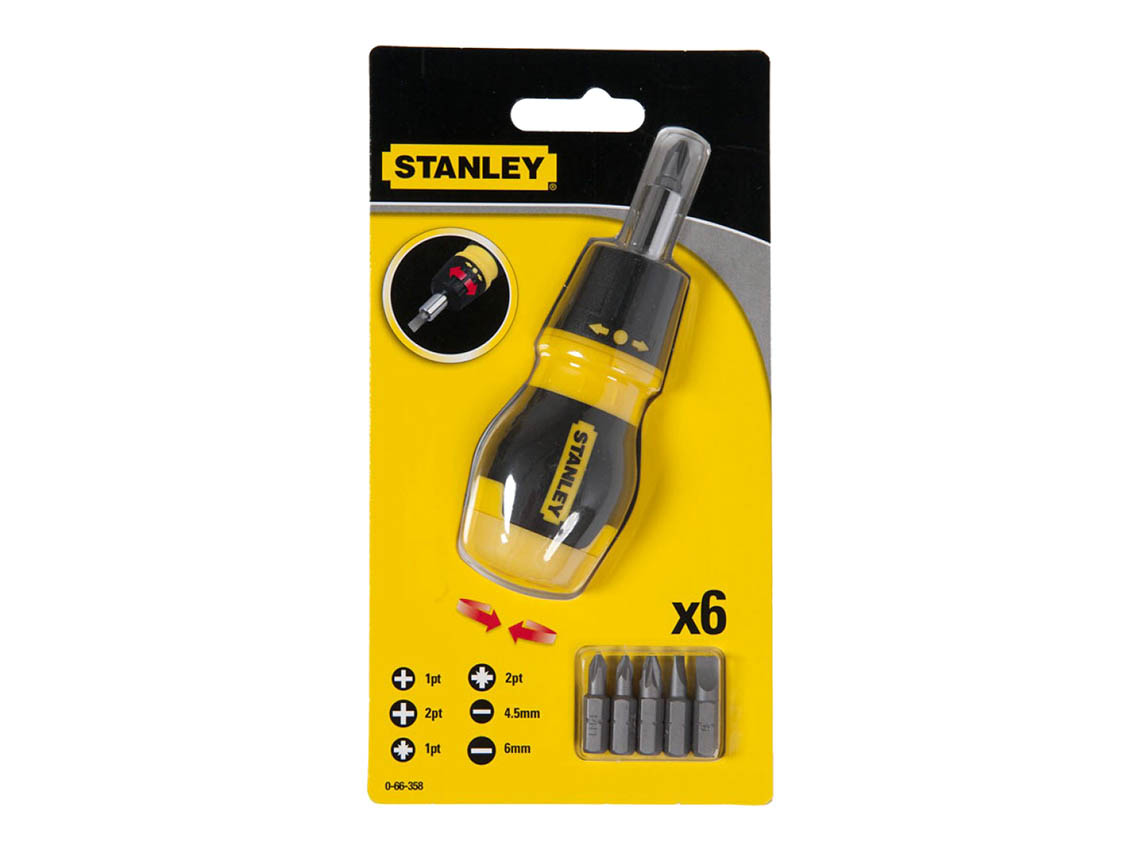 Викрутка STANLEY + 6 насадок укорочена реверсивна Multibit Ratchet Stubby (0-66-358)
