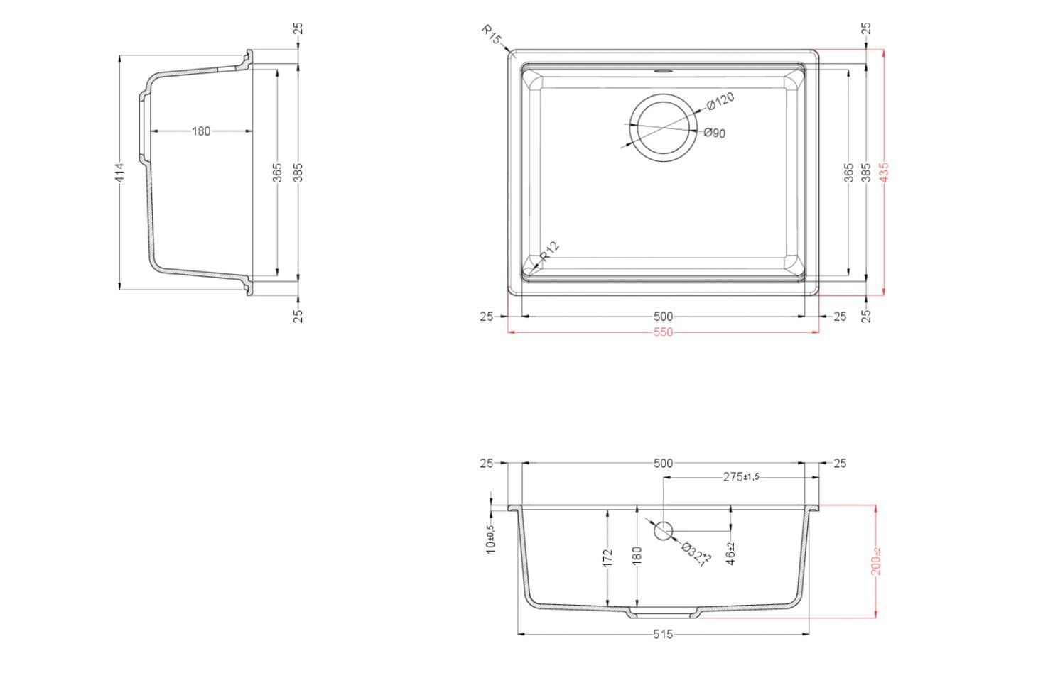 Мийка штучний камінь Elleci 570*510 TIME 105 under top Nero 40