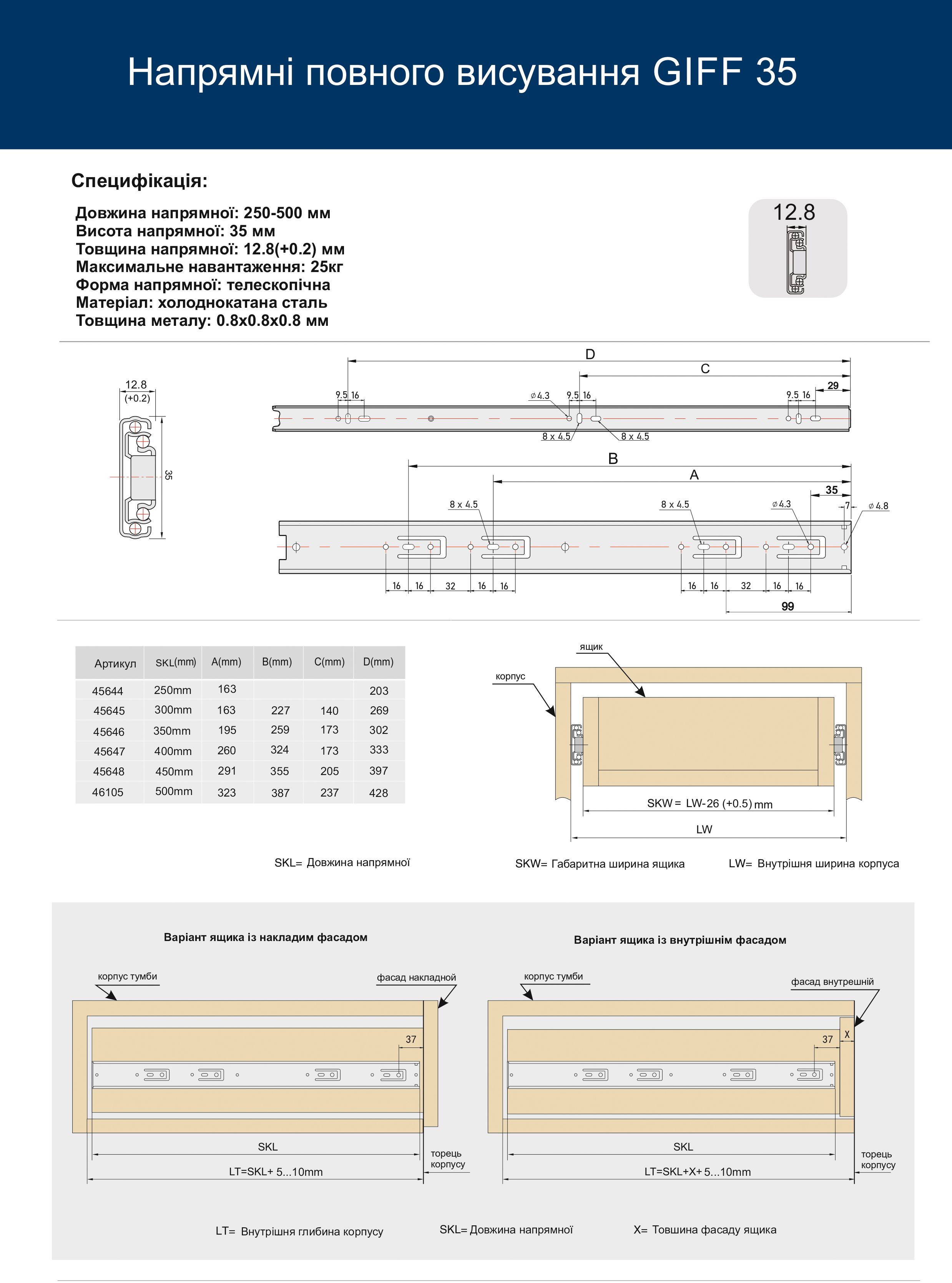 Направляющая полного выдвижения GIFF L=300 Н=35 мм