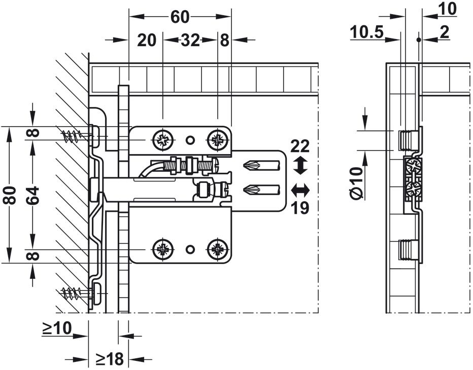 Шафотримач з регулюванням правий Hafele/Camar 807 RV (290.40.903) для фрезерування та запресування