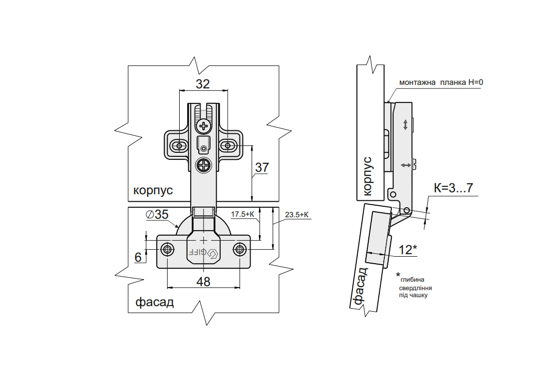Петля полунакладная Slide-on GIFF SG d=35 Н=0 никель