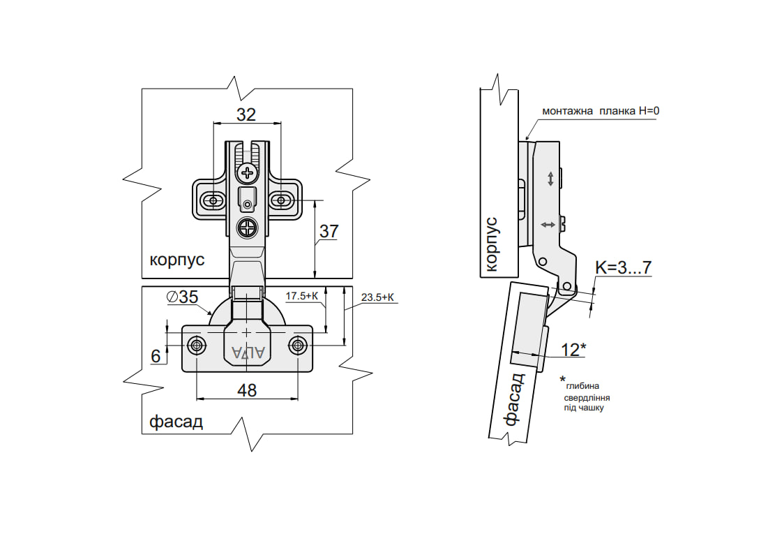 Петля напівнакладна Slide-on ALVA SA d=35 Н=0 нікель